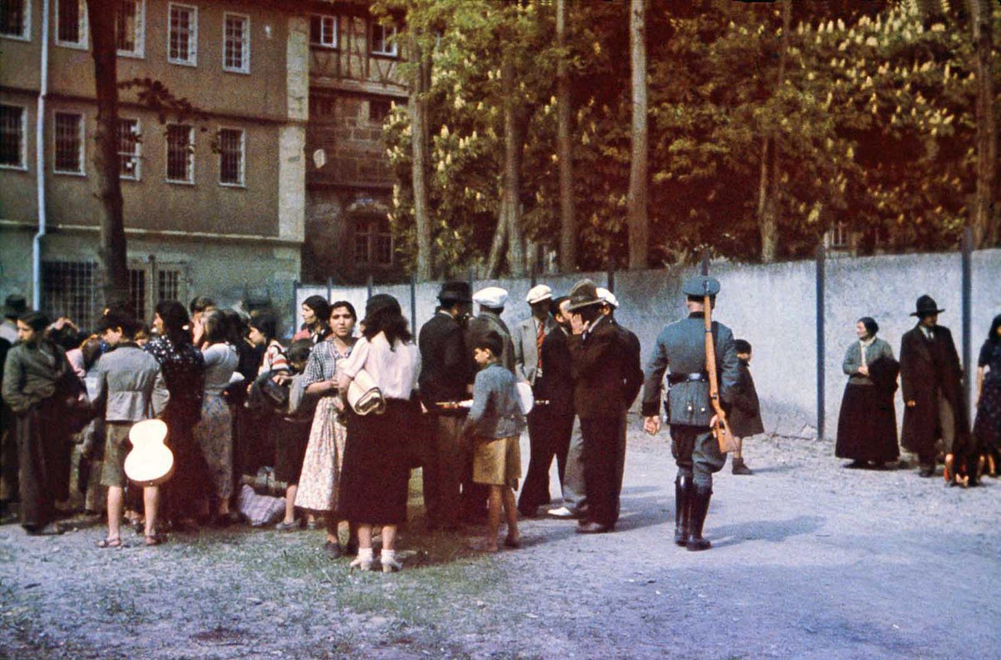 Sinti captives gather in the courtyard of Hohenasperg Prison, awaiting their impending deportation to concentration camps in Poland, May 22, 1940. Sinti captives gather in the courtyard of Hohenasperg Prison, awaiting their impending deportation to concentration camps in Poland, May 22, 1940.