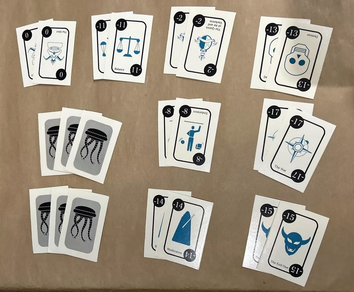 Photo of a deck of Sabacc cards, which resemble standard playing cards with their numbers and imagery. But the images are different: there are iconic simplified illustrations of probe droids, Salacious B. Crumb, Jedis, etc. Photo of a deck of Sabacc cards, which resemble standard playing cards with their numbers and imagery. But the images are different: there are iconic simplified illustrations of probe droids, Salacious B. Crumb, Jedis, etc.