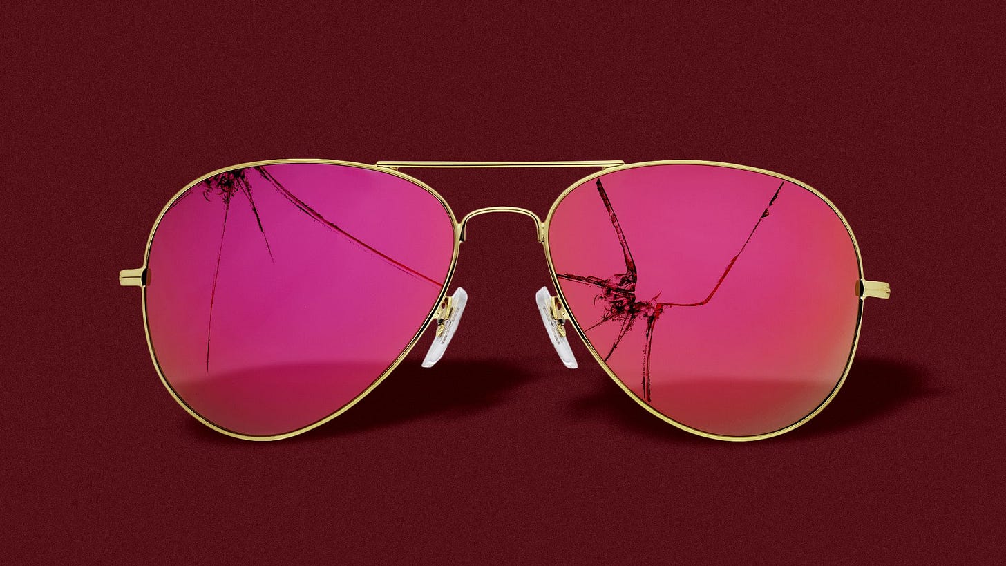 Illustration of cracked rose-colored aviator sunglasses