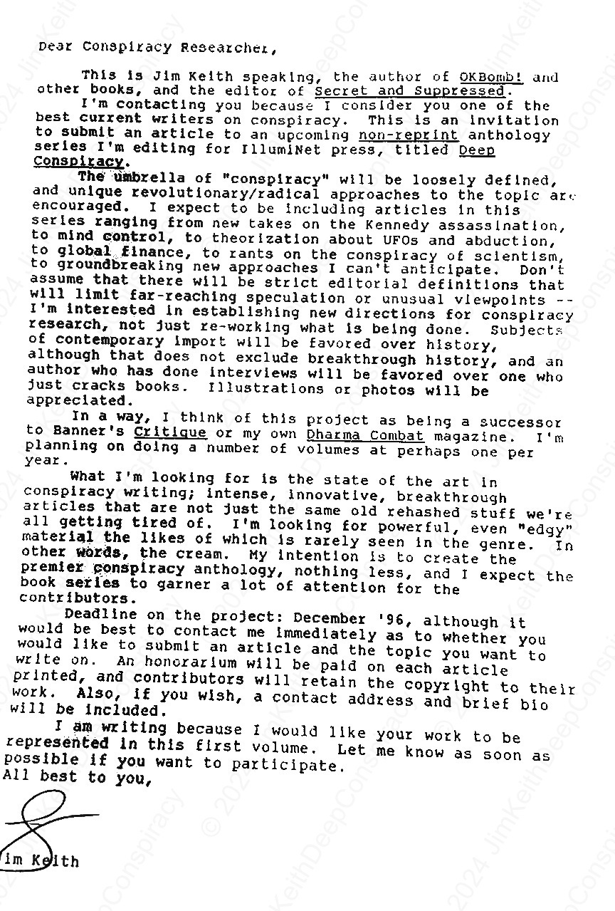 Typewritten letter from author Jim Keith, inviting conspiracy researchers to submit articles for an anthology series titled Deep Conspiracy. The letter outlines the project's goals, themes, and submission guidelines.