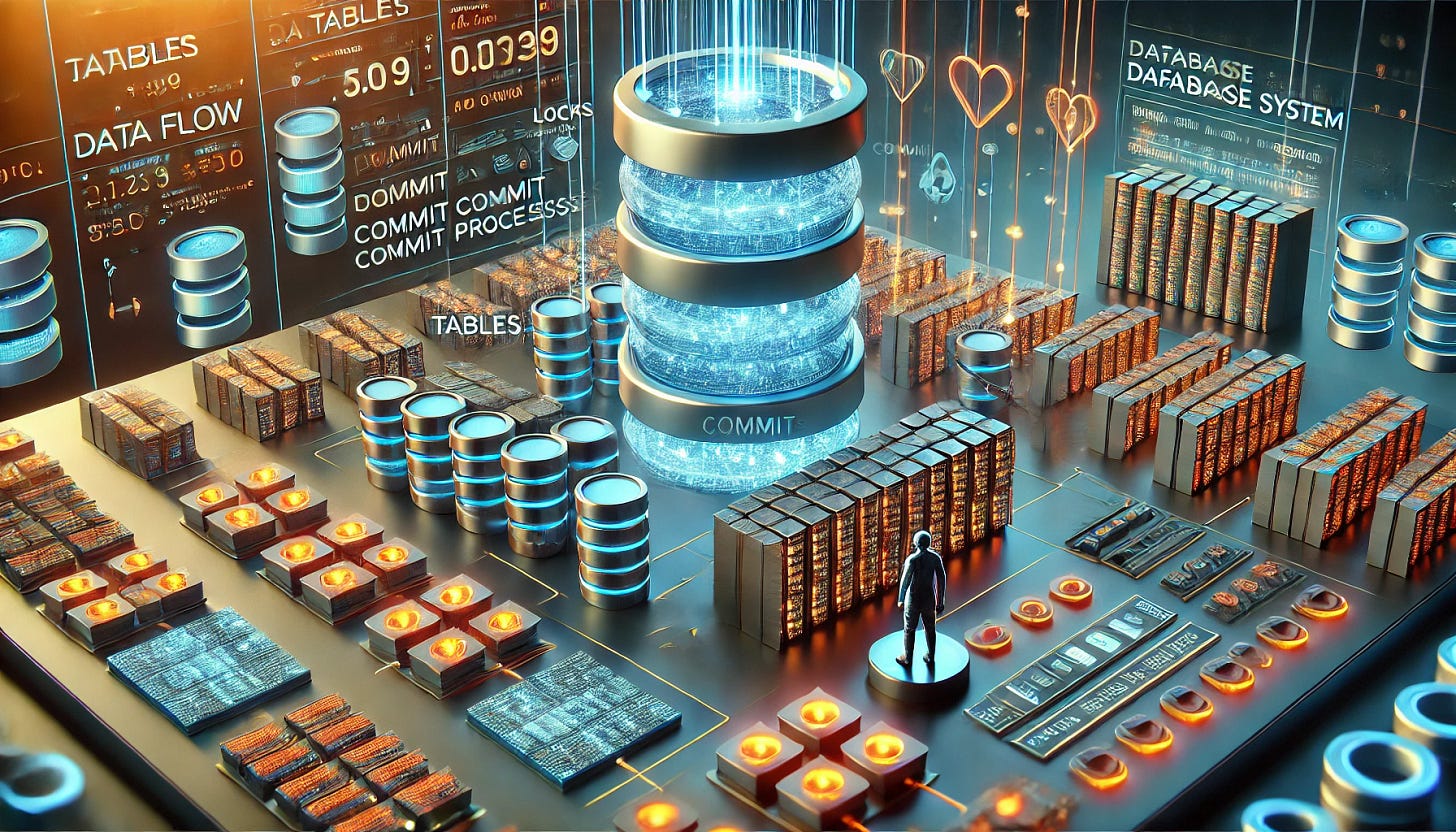 Miniature human managing transactions in a futuristic database with tables, data flow, and locks. Miniature human managing transactions in a futuristic database with tables, data flow, and locks.