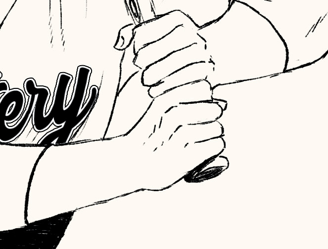 Illustration by Jenifer Prince that shows Chris Kepler's bare hands wrapped around a bat, a peek at his jersey with the "ery" letters showing of the Battery script.