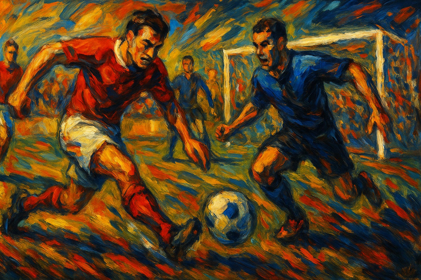 Expressionist-style painting of a soccer match under floodlights, with vivid swirling brushstrokes. A player in red charges forward against a defender in blue, the ball between them, as blurred figures and a glowing goal frame the background in fiery orange and deep blue tones.