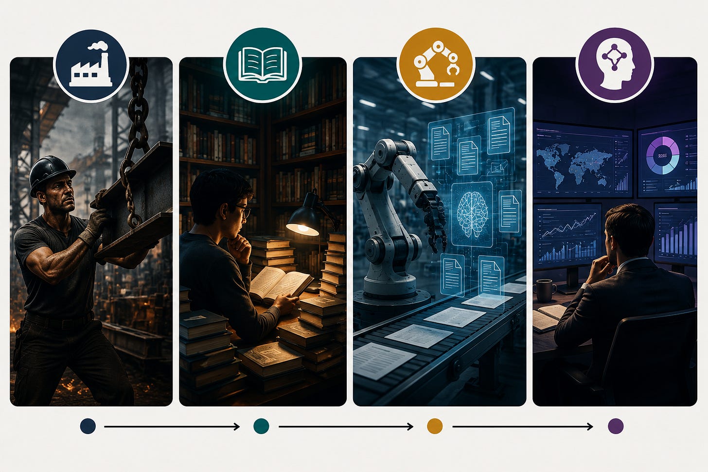 Four-panel illustration comparing the Industrial Economy, Knowledge Economy, Automation Economy, and Judgment Economy, showing how valuable work shifts from physical labor to human judgment. Four-panel illustration comparing the Industrial Economy, Knowledge Economy, Automation Economy, and Judgment Economy, showing how valuable work shifts from physical labor to human judgment.
