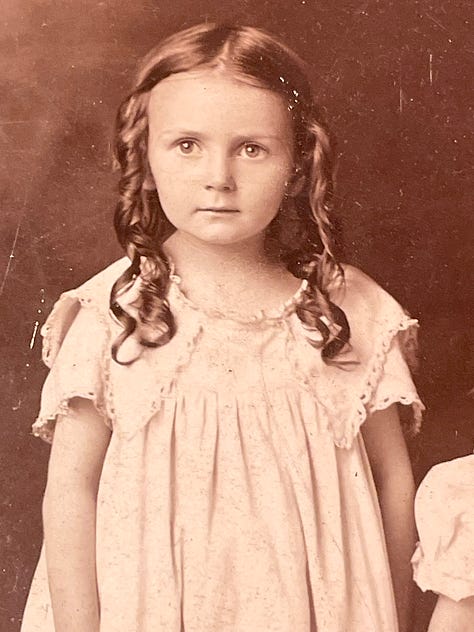 Black-and-white photos of a young girl, a mother and young daughter, and another young daughter.