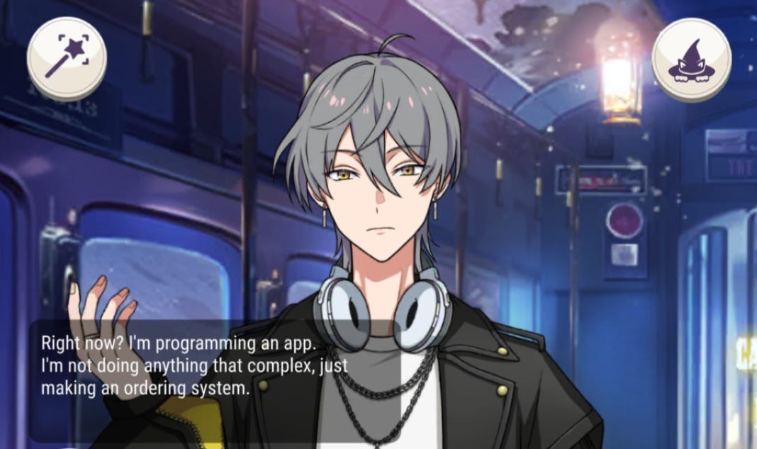 Pretty grey-haired boy explaining the order system he's programming. Pretty grey-haired boy explaining the order system he's programming.