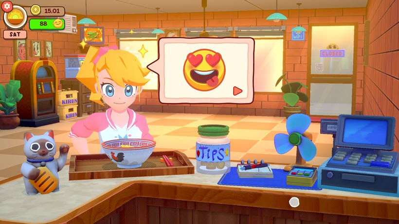 A young woman looks at a bowl of ramen ina. cartoon world A young woman looks at a bowl of ramen ina. cartoon world