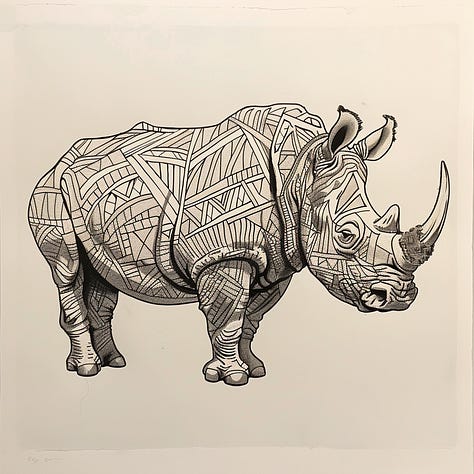 Rhino, tree house, cloud doodles by Midjourney
