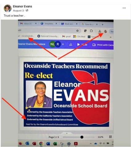 A 2024 political graphic for OUSD Trustee Eleanor Evans is under fire for the possibility of using OUSD resources in violation of election laws. Courtesy photo