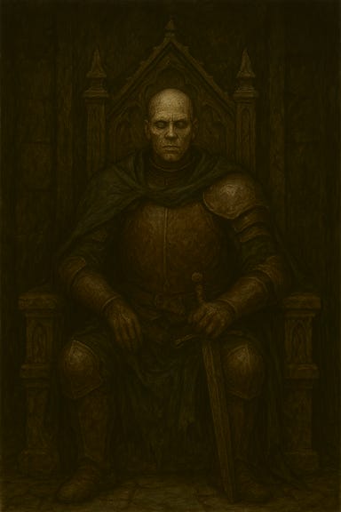 Commander Vladimir Horngaard, in his undead form, sits on a cracked stone throne within the ruined great hall of Argynvostholt. His armor is tarnished silver, dented and worn, with the sigil of the Silver Dragon barely visible on the breastplate. His gaunt face is pale and hollow-eyed, with a stern, haunted expression. His hands rest on the arms of the throne, one still gripping the hilt of a longsword planted beside him. The throne is carved with dragon motifs, now chipped and weathered. Broken banners hang in the background, and moonlight filters through shattered windows, casting long shadows across the dust-covered floor. The atmosphere is solemn, ghostlit, and heavy with memory.