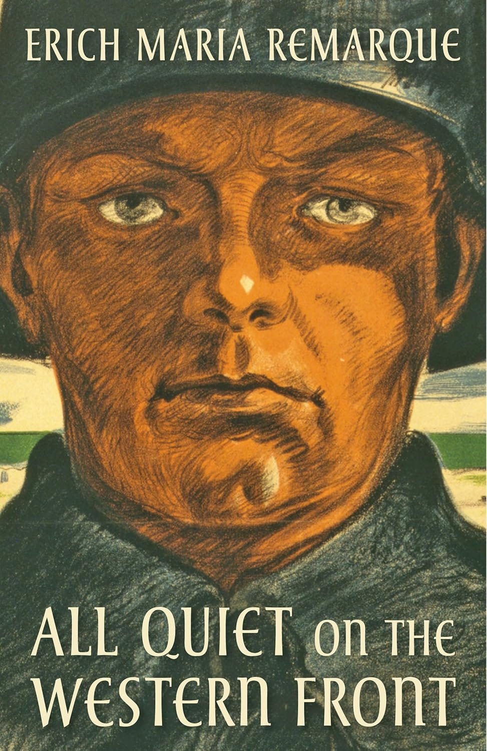 Book cover for "All Quiet on the Western Front" by Erich Maria Remarque, featuring an illustrated close-up of a soldier’s face wearing a helmet. Book cover for "All Quiet on the Western Front" by Erich Maria Remarque, featuring an illustrated close-up of a soldier’s face wearing a helmet.