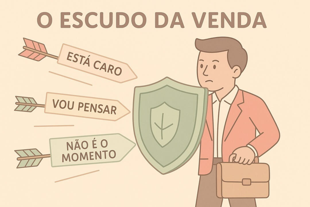 vendedor segurando um escudo contra flechas. Nas flechas estão algumas objeções comuns como está caro, vou pensar e não é o momento