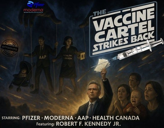 poster showing Robert F. Kennedy Jr. battling "The Vaccine Cartel," depicted as Pfizer, Moderna, AAP, and Health Canada manipulating puppets. poster showing Robert F. Kennedy Jr. battling "The Vaccine Cartel," depicted as Pfizer, Moderna, AAP, and Health Canada manipulating puppets.