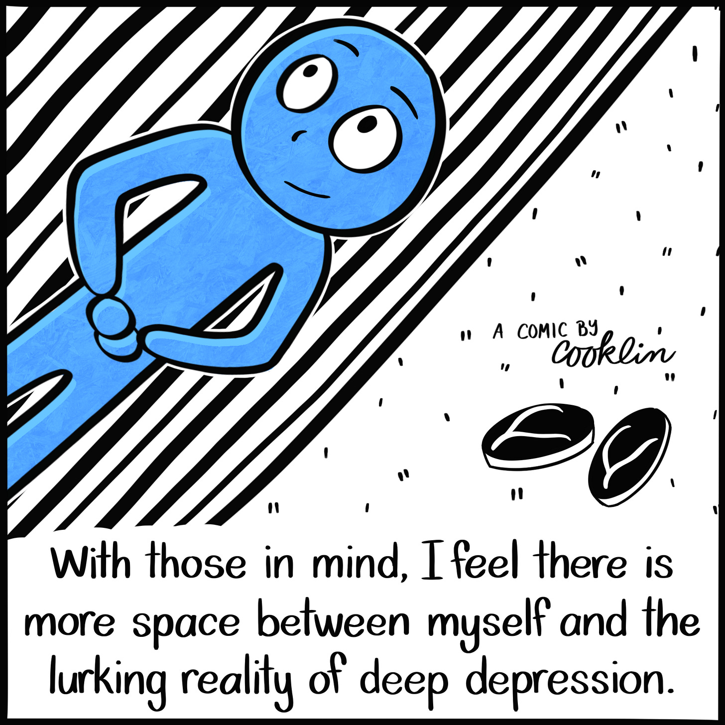 Caption: With those in mind, I feel there is more space between myself and the lurking reality of deep depression. Image: The Blue Person in their childhood again, lying on the hammock, now calm. A comic by cooklin.