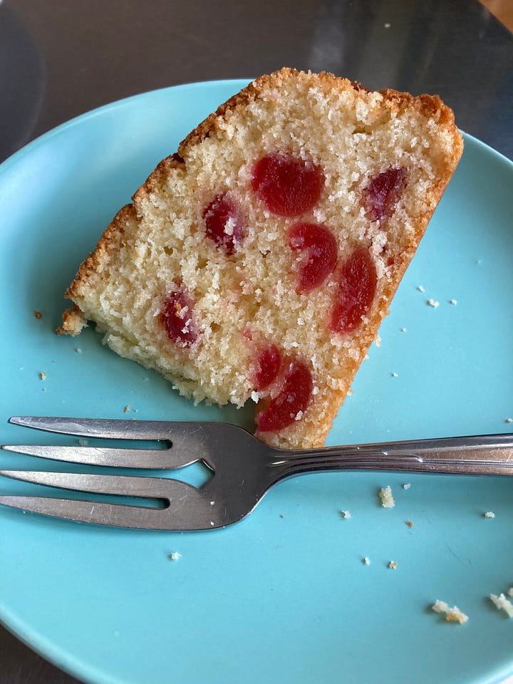 Coconut and cherry cake being made and the final slice.