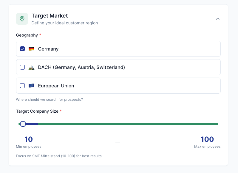 Hunter-spark ICP target market filter showing geography selection for Germany, DACH (Germany, Austria, Switzerland), and European Union with company size slider set to 10100 employees for B2B lead qualification Hunter-spark ICP target market filter showing geography selection for Germany, DACH (Germany, Austria, Switzerland), and European Union with company size slider set to 10100 employees for B2B lead qualification