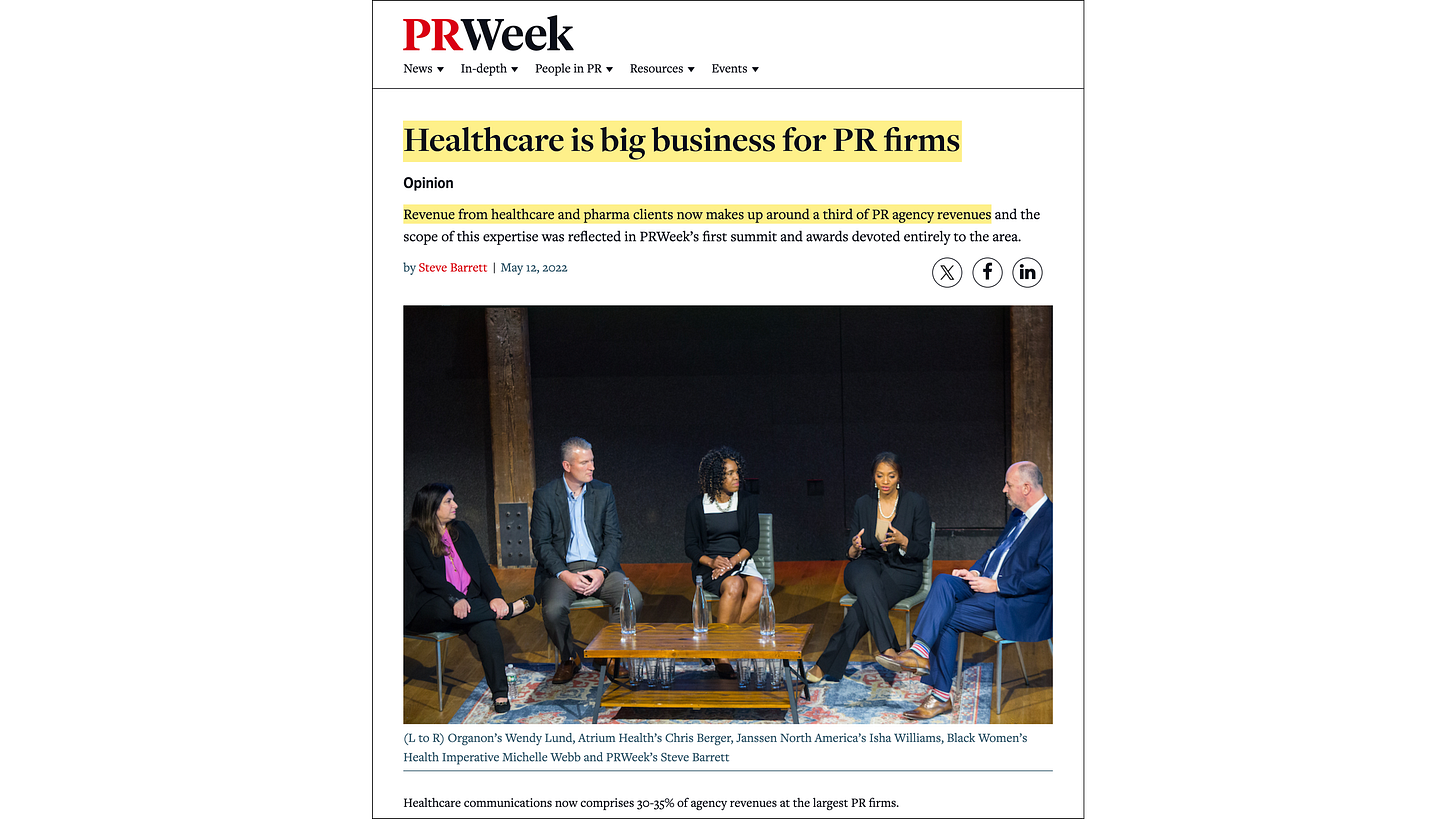 PRWeek, “Healthcare is big business for PR firms” (12 May 2022)