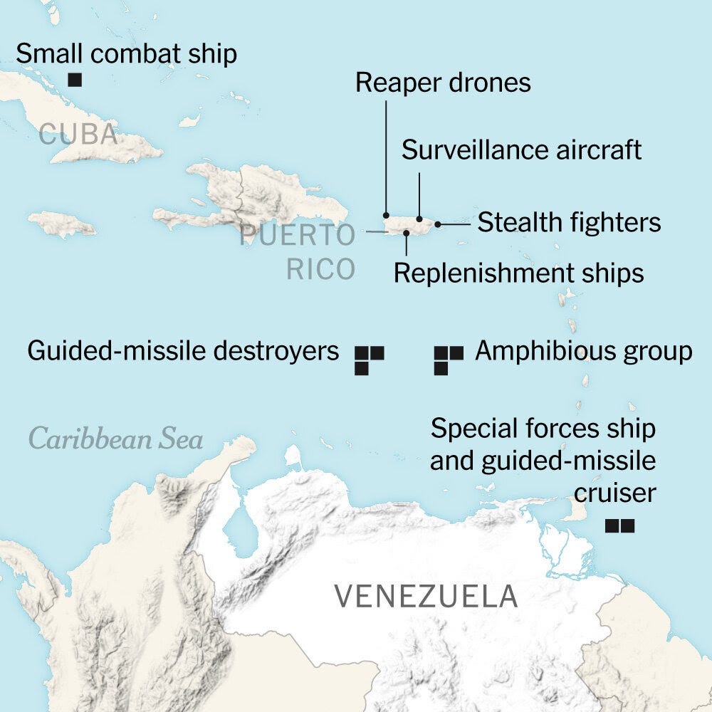 A map showing where U.S. military assets are placed in the Caribbean Sea, relatively close to Venezuela.