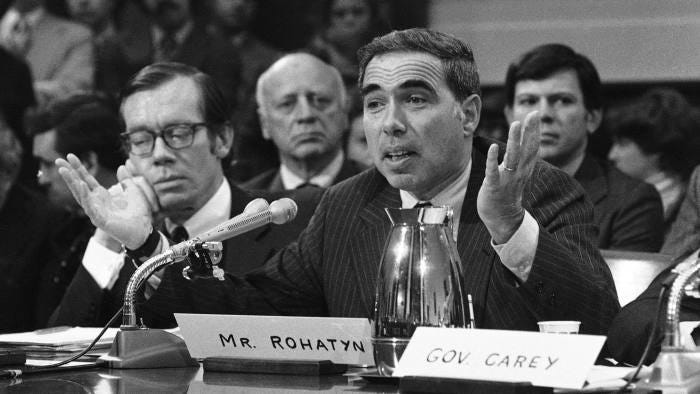 Felix Rohatyn, chairman of Municipal Assistance Corporation, press members of a House economic stabilization subcommittee on Tuesday, Oct. 21, 1975 in Washington, to enact legislation to aid deficit-ridden New York City. Carey said unless a bill is on President Ford?s desk by early November, both the city and state will go into default. (AP Photo/Charles Gorry)