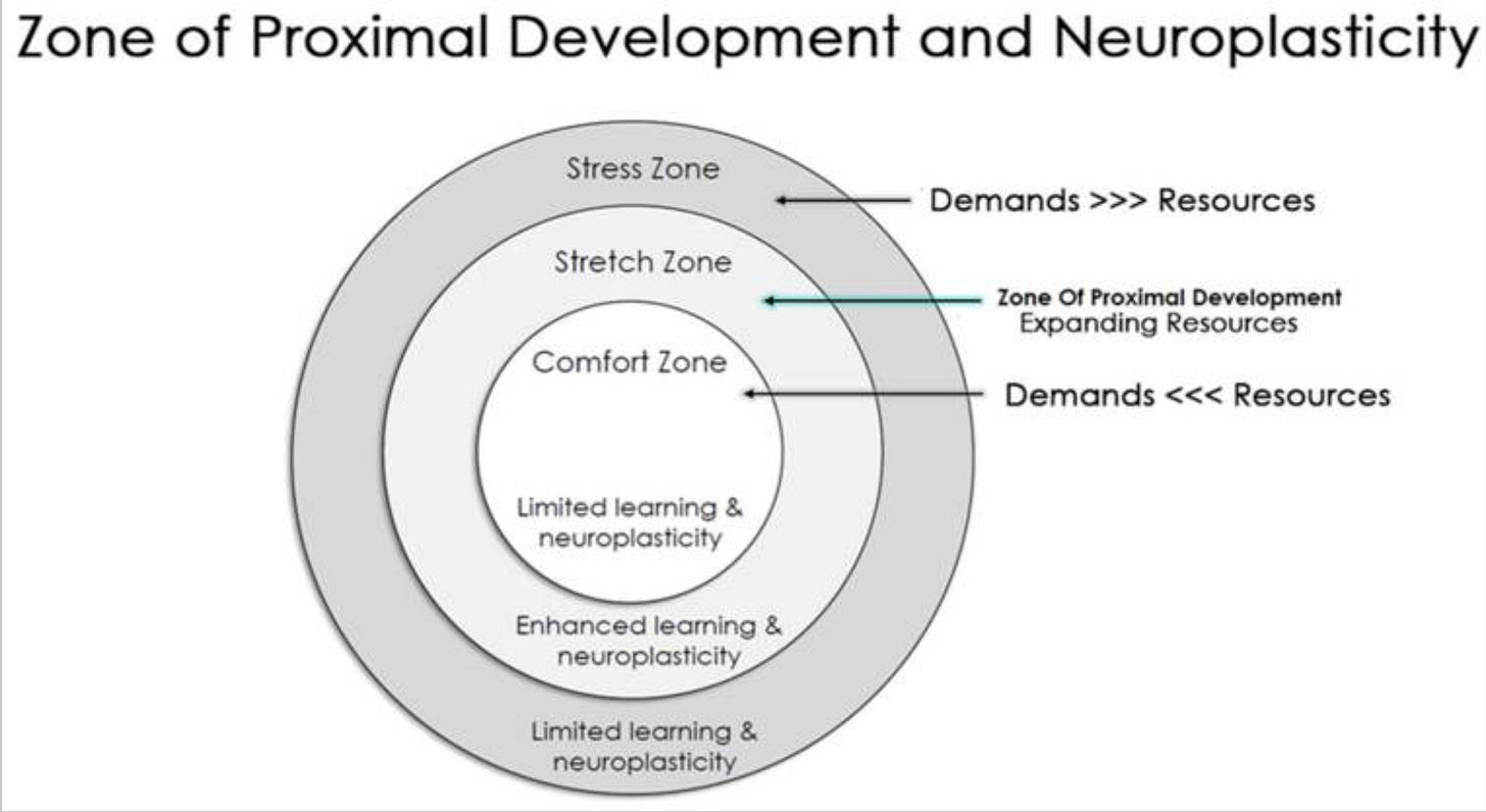 Goldberg (2022) [same caption as in source material] - When learning and performance demands exceed the available support and resources, students are likely to be overwhelmed and resort to survival mode (stress zone). When learning and performance demands are significantly lower than the available support and resources, students are likely to be under stimulated and resort to static mode (comfort zone). When learning and performance demands match the available support and resources, students are likely to be appropriately challenged and work within their zone of proximal development, which promotes neuroplasticity and growth (stretch zone).