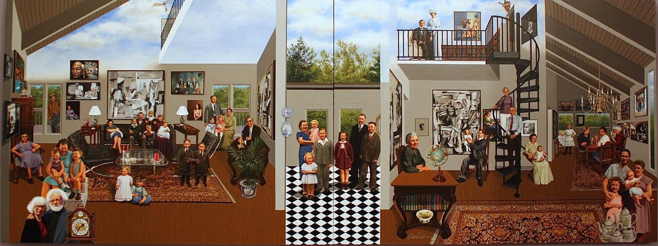Two-panel, large oil painting of generations of my family placed in spaces of a contemporary home my parents once owned. The painting combines super realism with surrealism, (the ceiling is blue sky and clouds) with a tip to primitive painting with flattened perspective.
