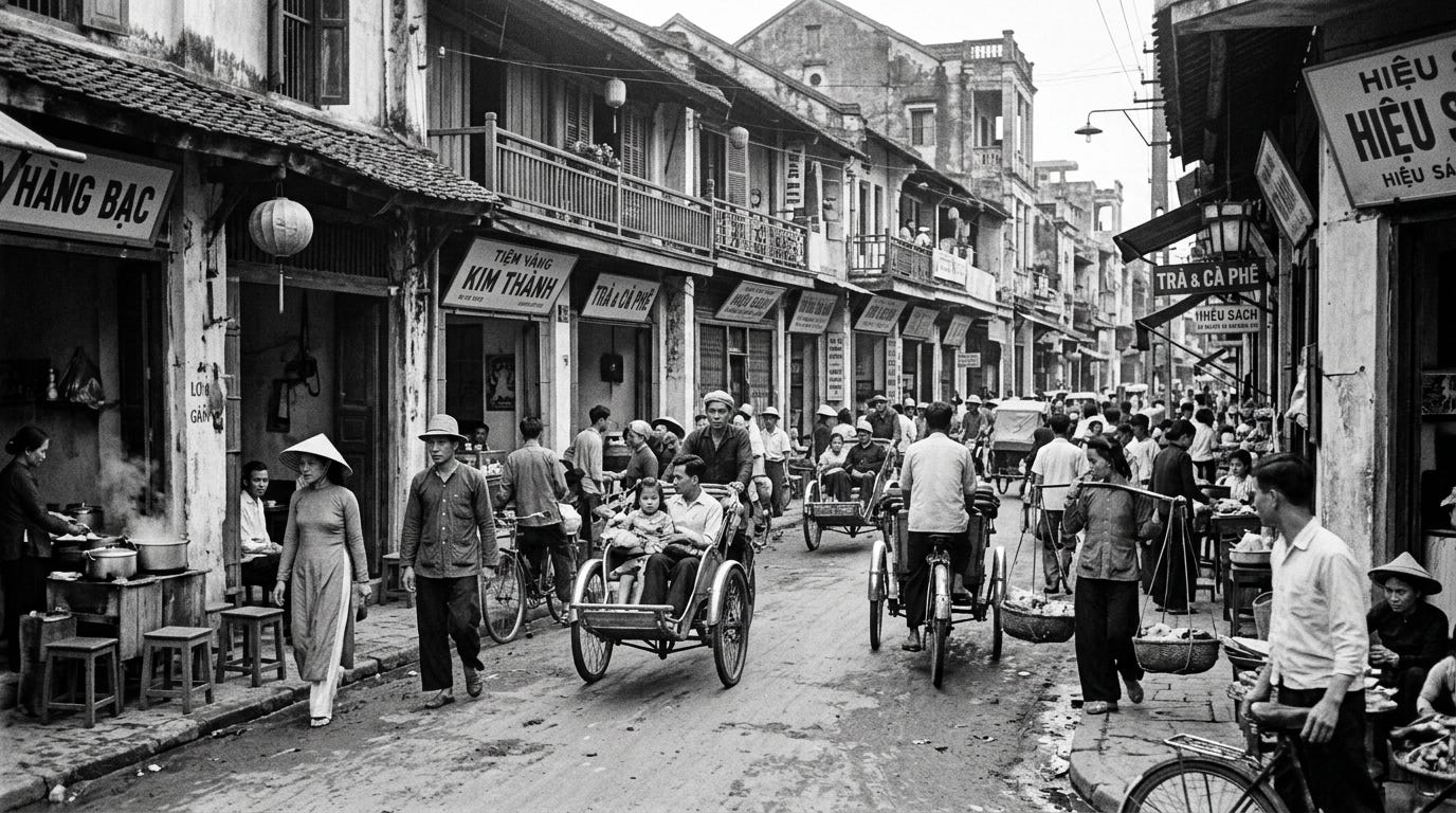Nano Banana 2 vẽ phố Cổ Hà Nội những năm thập niên 1950s Nano Banana 2 vẽ phố Cổ Hà Nội những năm thập niên 1950s