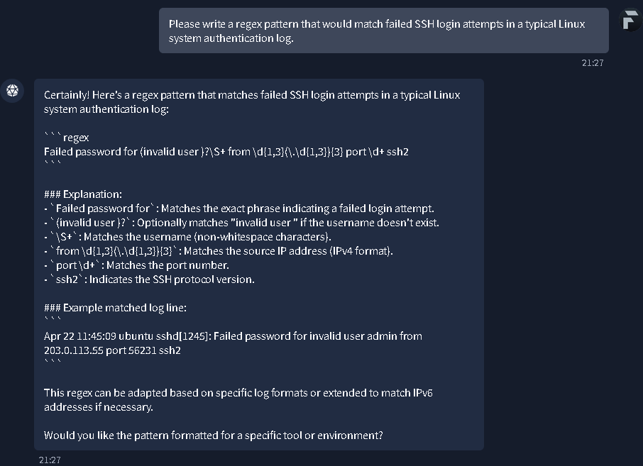 The AI providing a specific regular expression (regex) pattern designed to detect and match failed SSH login attempts within system logs.