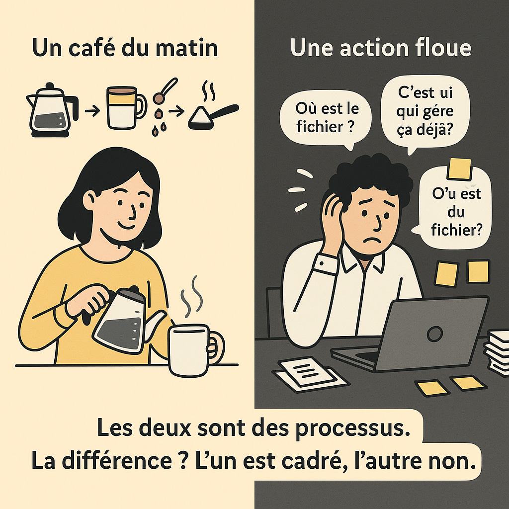 Illustration comparative entre une routine claire (préparer un café) et une action floue en entreprise, pour montrer l'importance de processus cadrés. À gauche, une femme prépare du café étape par étape. À droite, un homme stressé cherche des infos au milieu du désordre. Texte : « Les deux sont des processus. La différence ? L’un est cadré, l’autre non. » Illustration comparative entre une routine claire (préparer un café) et une action floue en entreprise, pour montrer l'importance de processus cadrés. À gauche, une femme prépare du café étape par étape. À droite, un homme stressé cherche des infos au milieu du désordre. Texte : « Les deux sont des processus. La différence ? L’un est cadré, l’autre non. »