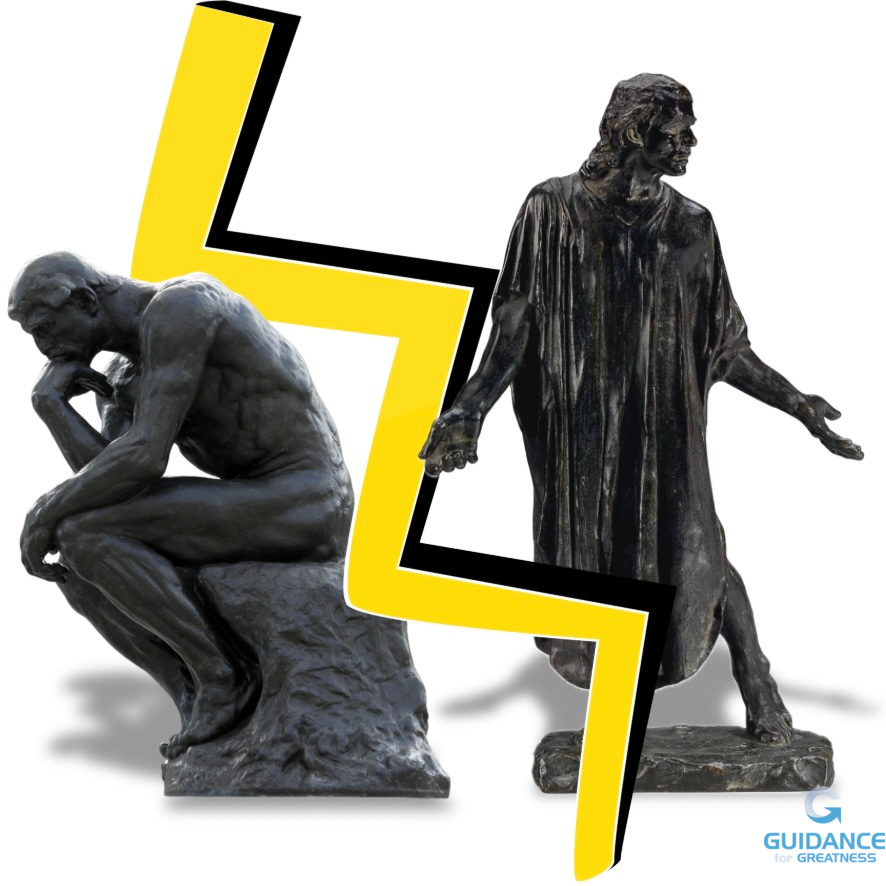 Two bronze sculptures by Auguste Rodin positioned on either side of a yellow lightning bolt graphic. On the left is ‘The Thinker,’ showing a nude male figure seated on a rock in a contemplative pose with his chin resting on his hand. On the right is ‘Jean de Fiennes’ from ‘The Burghers of Calais,’ depicting a robed male figure striding forward with arms outstretched in a gesture of purposeful action. The yellow lightning bolt between them symbolizes the transition from philosophical thought to decisive leadership action.“​​​​​​​​​​​​​​​