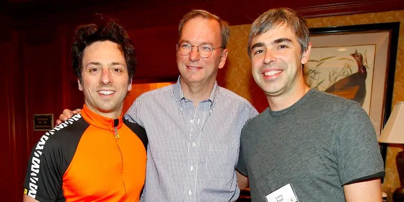 Sergey Brin, Eric Schmidt, and Larry Page together during their time leading Google and Alphabet Sergey Brin, Eric Schmidt, and Larry Page together during their time leading Google and Alphabet