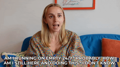 A blonde woman saying, “Am I running on empty 24/7? Probably. How am I still here and doing this? I don’t know.” A blonde woman saying, “Am I running on empty 24/7? Probably. How am I still here and doing this? I don’t know.”