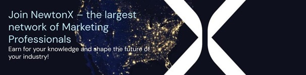 Banner image promoting NewtonX. Text reads: "Join NewtonX – the largest network of Marketing Professionals. Earn for your knowledge and shape the future of your industry!" The background shows a satellite view of the U.S. at night, with glowing city lights, and a stylized white “X” graphic.