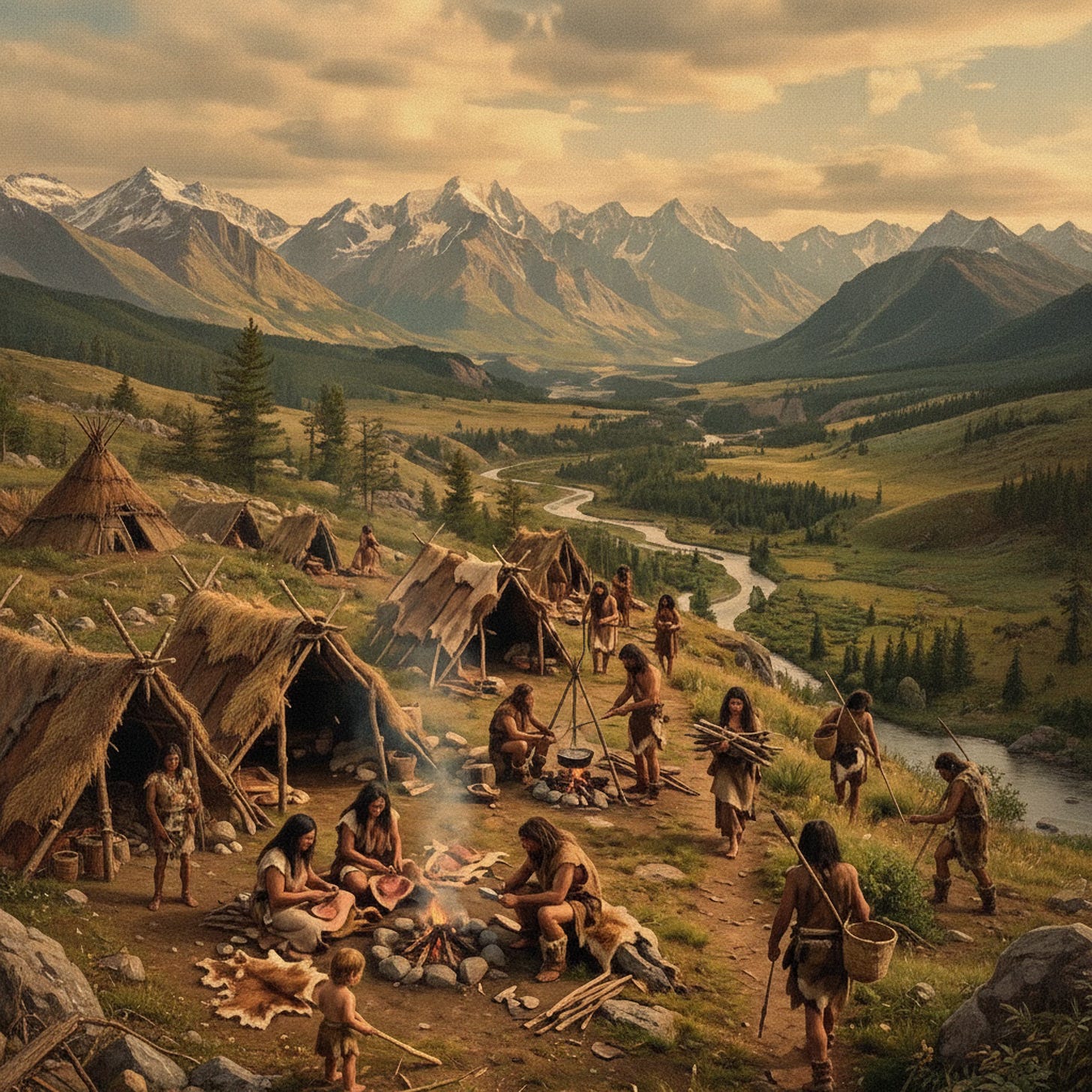A prehistoric image of a human camp with snowy mountains in the background A prehistoric image of a human camp with snowy mountains in the background