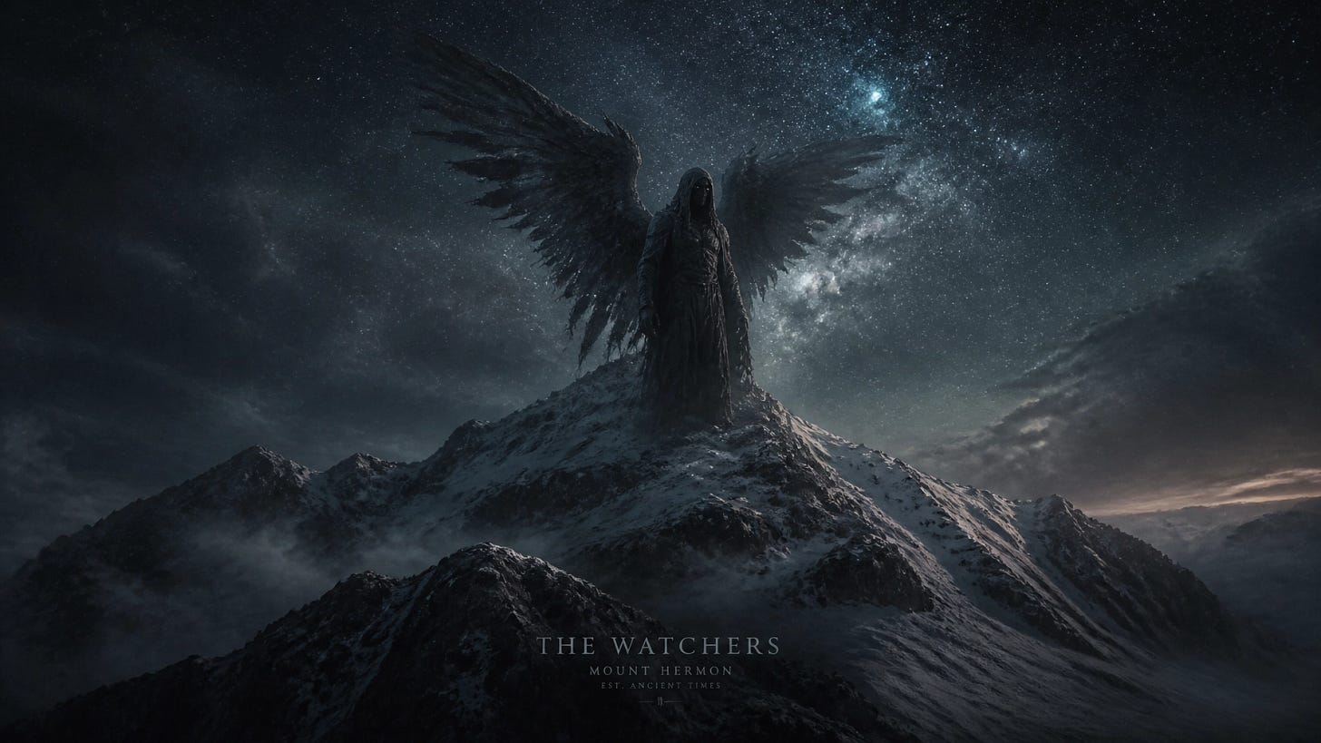 A tall, shadowy winged figure (a Watcher) standing on a misty, rugged mountain peak (Mount Hermon) under a starry night sky.
