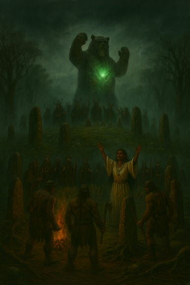 A dark fantasy illustration of the summit of Yester Hill from Curse of Strahd. The ritual space is carved into the earth like a forgotten cathedral, surrounded by standing stones etched with blood-dark glyphs. At the center looms a statue of a hulking elemental beast with arms raised in brutal reverence. A viridian light pulses from its chest, casting a sickly emerald glow across the mist. Thirteen druids in antlers and wolfskins chant in a circle, their faces painted with crimson streaks. A barricade of black roots encircles them, and seven hulking guardians stand beyond, watching silently. The atmosphere is primal, eerie, and charged with ancient fury.