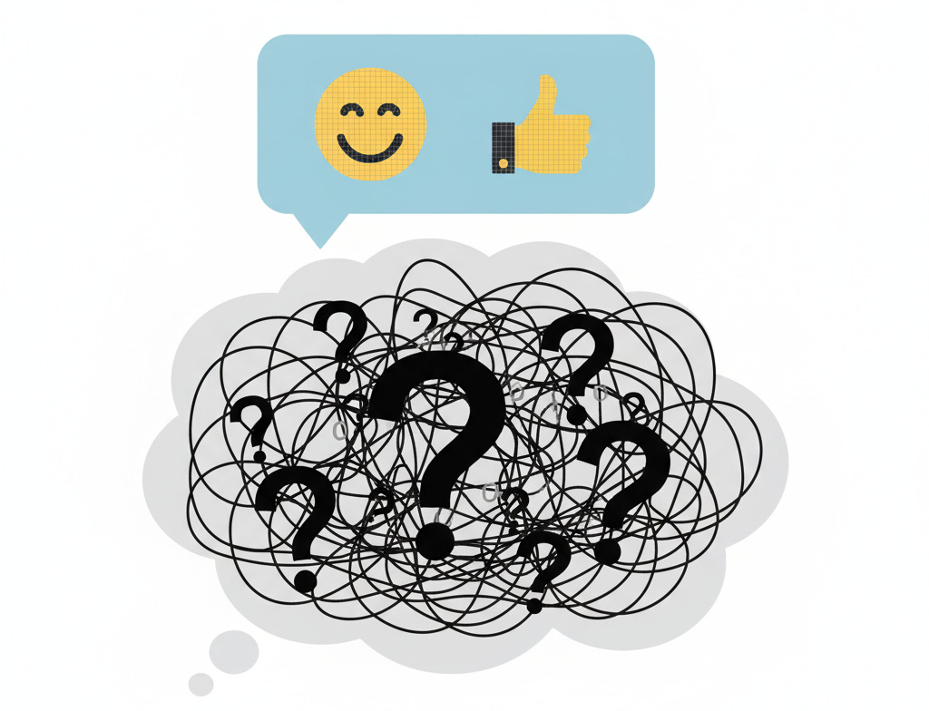 Minimalist graphic illustrating AI chatbot regression. A light blue chat bubble shows a smiling face emoji and a thumbs-up emoji, symbolizing a chatbot's confident, positive, but potentially empty response. Below it, a thought bubble is filled with a chaotic tangle of black lines and multiple question marks, representing the actual confusion or lack of true understanding within the AI.
