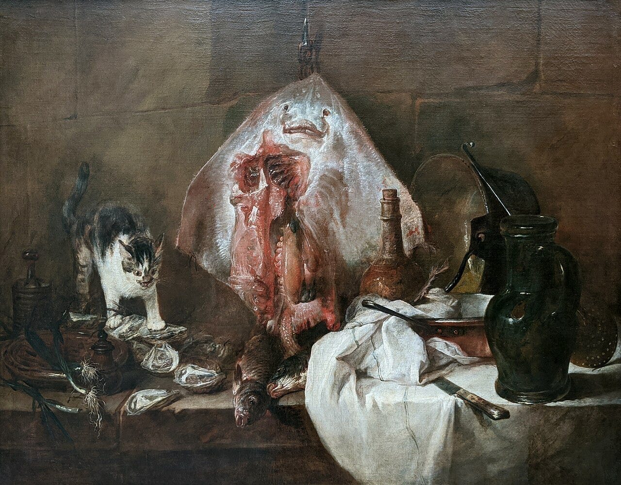 The Ray by Chardin: a skate hanging on a hook beside a cat and oysters The Ray by Chardin: a skate hanging on a hook beside a cat and oysters