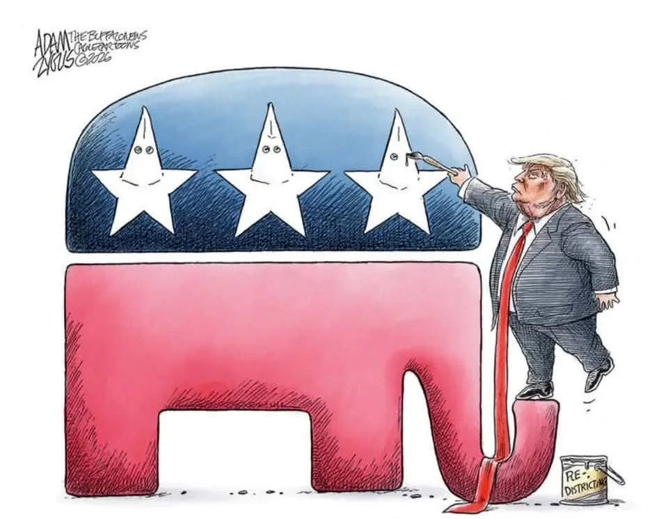 This political cartoon by Adam Zyglis is titled "Redistricting Lines".It was published on May 18, 2026.The cartoon depicts Donald Trump painting KKK hoods onto the stars of the Republican elephant mascot. This political cartoon by Adam Zyglis is titled "Redistricting Lines".It was published on May 18, 2026.The cartoon depicts Donald Trump painting KKK hoods onto the stars of the Republican elephant mascot.