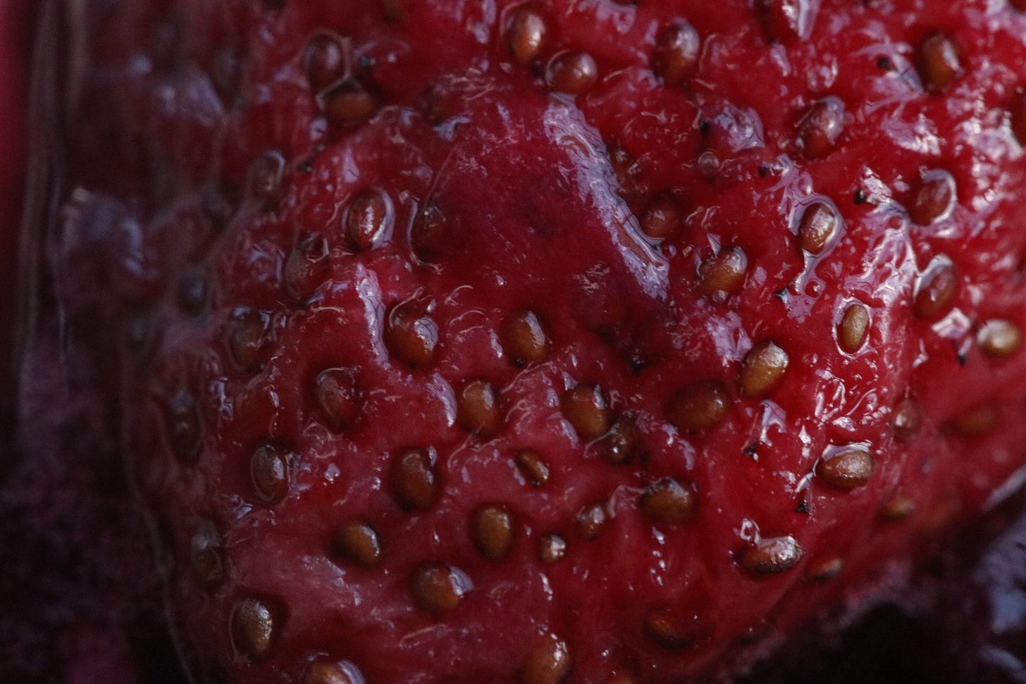 close up of of an overripe strawberry