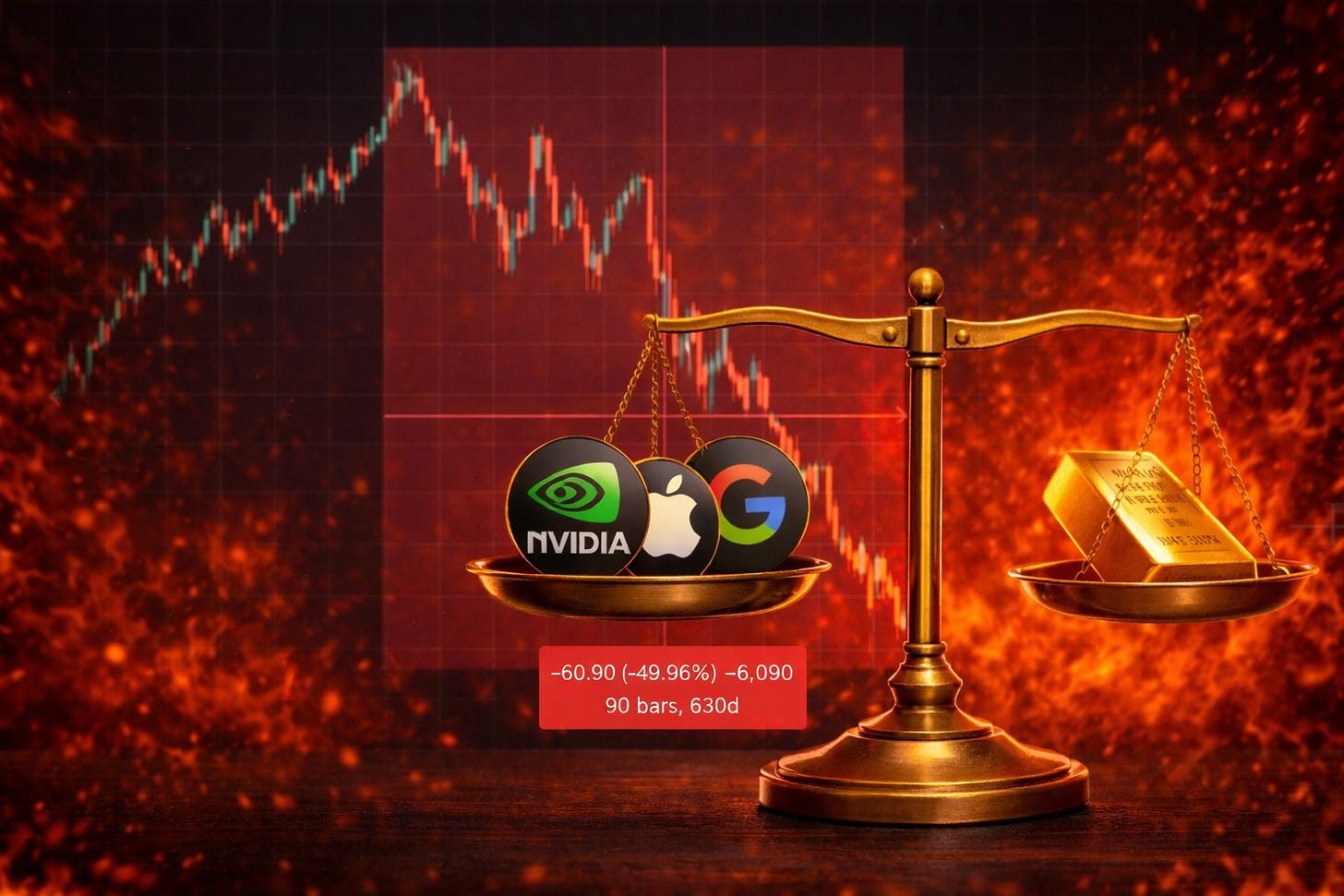 A balance scale in the foreground comparing major U.S. equities (NVIDIA, Apple, Google) against a gold bar, set in front of a historical stock market chart showing a deep 1970s-era drawdown, symbolizing the tension between risk assets and safe havens during risk-off regimes. A balance scale in the foreground comparing major U.S. equities (NVIDIA, Apple, Google) against a gold bar, set in front of a historical stock market chart showing a deep 1970s-era drawdown, symbolizing the tension between risk assets and safe havens during risk-off regimes.