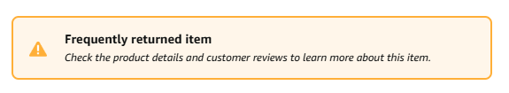 Amazon's Frequently Returned Item warning badge in yellow, advising buyers to check product details and customer reviews before purchasing.