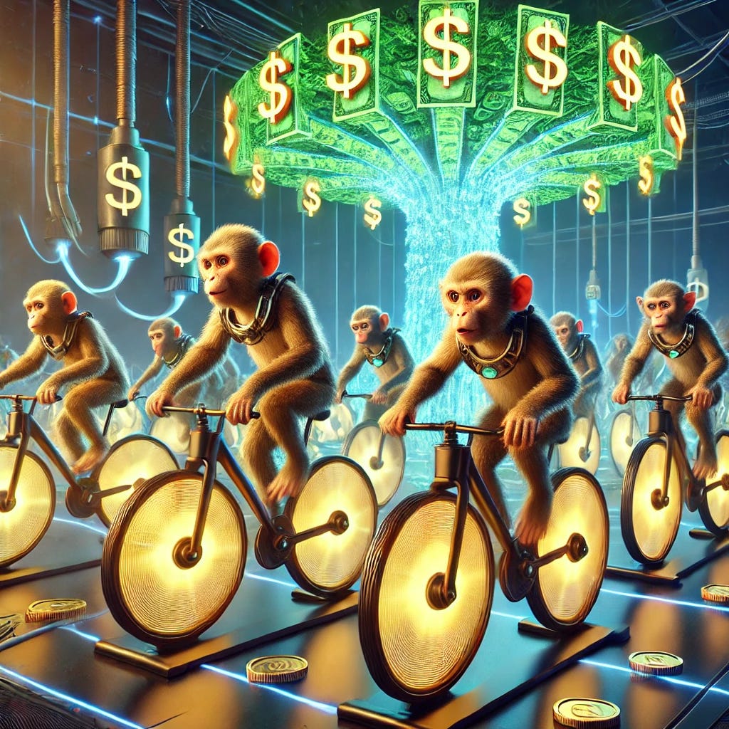 A group of monkeys riding stationary bicycles in a futuristic setting, generating electricity. The bicycles are connected to a large power grid with glowing cables leading to a central energy hub. The environment is illuminated by the energy being produced, creating a vibrant and dynamic atmosphere. The monkeys have determined expressions, actively pedaling, and wearing small helmets and accessories. In the background, a large money tree with glowing dollar bills and golden coins growing from its branches stands prominently, adding a whimsical touch.