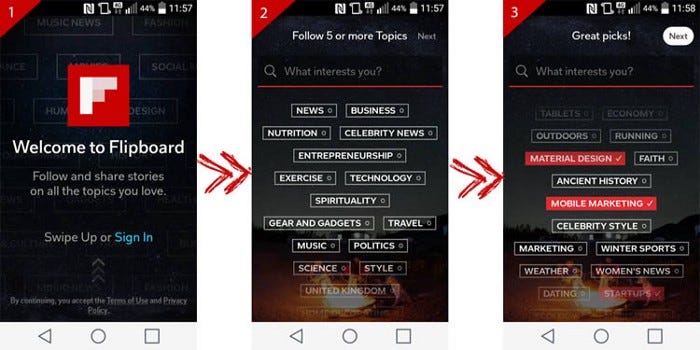 Flipboard’s onboarding has the user choose topics that they’re interested in to help them set things up.