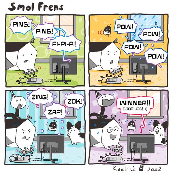 Stonebow, a creature shaped like an octagon, is playing a video game. "Ping! Ping! Pi-p-pi! Zing! Zap! Zok!" the computer screen reads, "WINNER!! Good job!" All the smol frens in the background cheer!