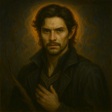 Illusion of Silverleaf's old lover with elegant, sharp features, dark tousled hair, deep-set eyes, high-collared midnight coat, ethereal flickering edges, visually reminiscent of Ben Barnes without referencing him