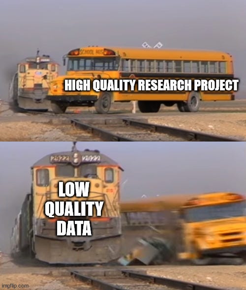 Top image is a bus crossing a train track with the text "High quality project" and the bottom image shows the train hitting the bus with the text "Low quality data"