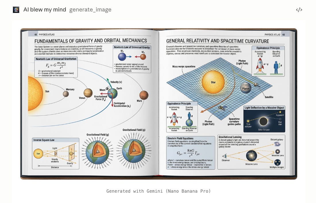 AI-generated educational physics textbook spread created with Nano Banana Pro inside the Claude interface using AI BLEW MY MIND Amplifiers. The atlas-style layout visually explains gravity, orbital mechanics, and general relativity using scientifically inspired diagrams, labeled illustrations, equations, spacetime curvature models, and annotated force vectors. The spread includes visual explanations of Newton’s law of universal gravitation, planetary orbits, inverse square laws, gravitational fields, equivalence principles, gravitational lensing, and Einstein’s theory of curved spacetime. The composition resembles a detailed academic science textbook with realistic astronomy visuals, educational infographic design, mathematical formulas, and structured annotation systems designed to teach complex gravity concepts in a visually accessible format.