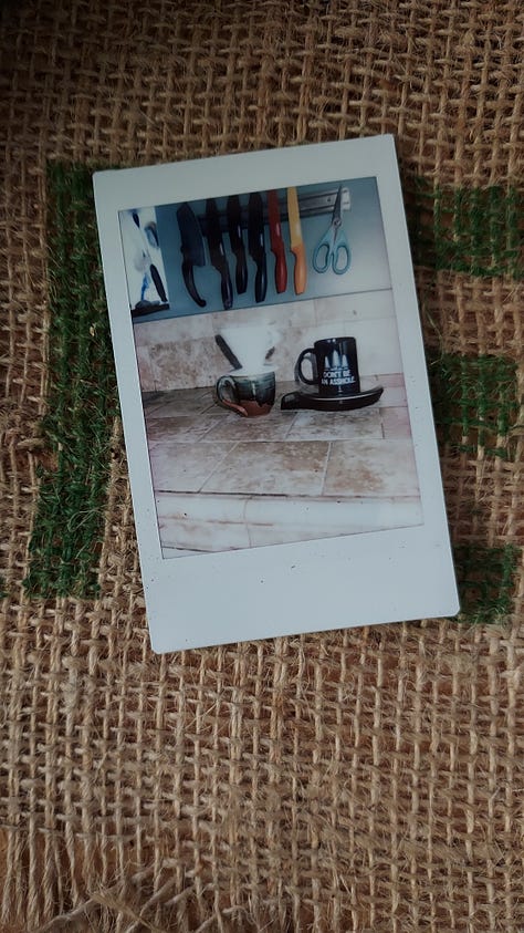 A collage of instant photographs of coffee mugs or a bald, bearded, white man drinking coffee.
