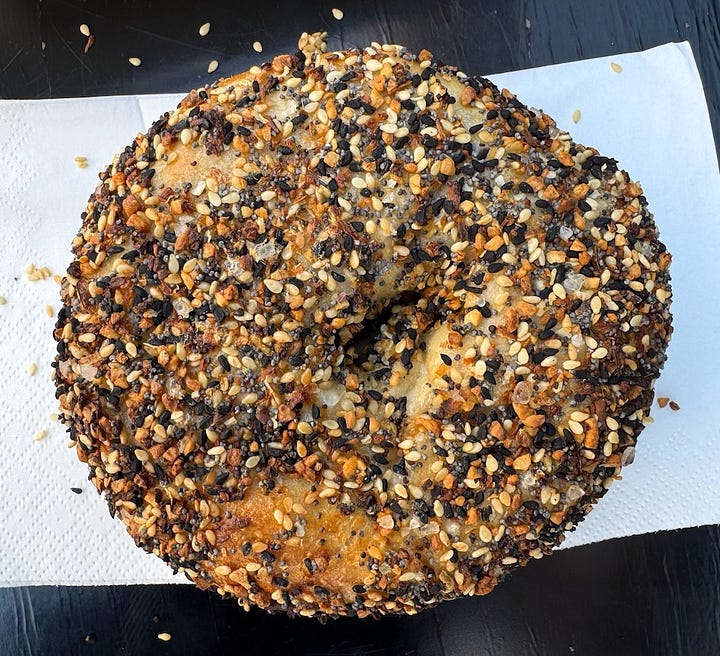 Bottoms of BagelBoy's sesame and everything bagels.