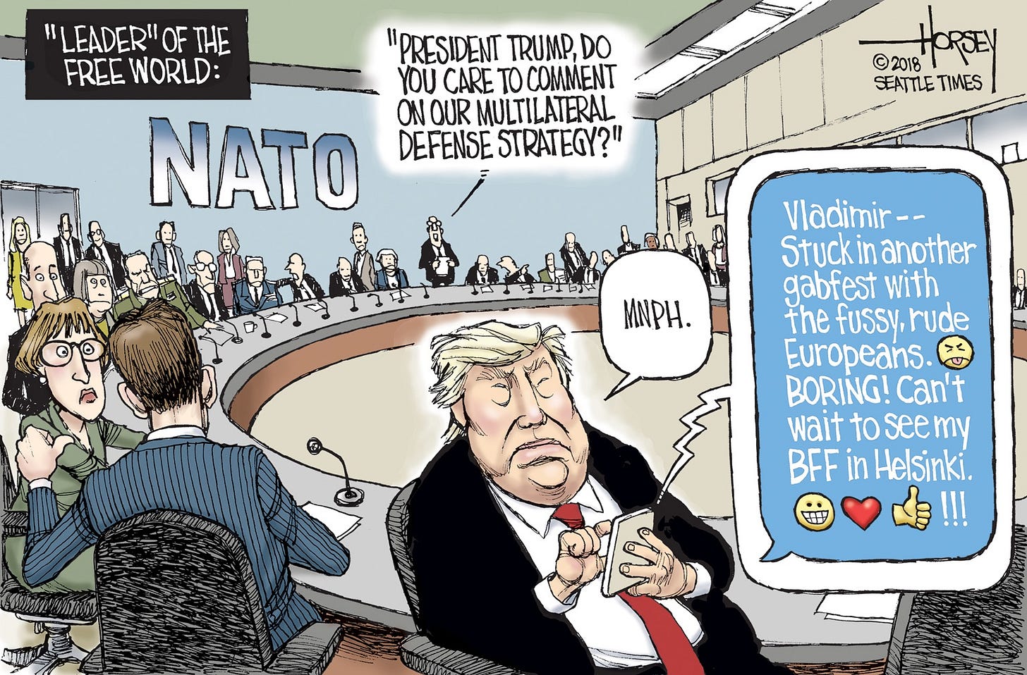 Political cartoon U.S. NATO free world Trump texting Vladimir Putin Russia  defense | The Week